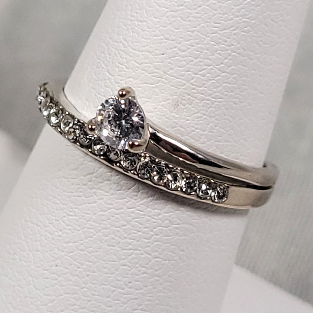 Silver Tone Bypass Ring Women Size 6.75 Clear Stone Pave Accent Modern Jewelry